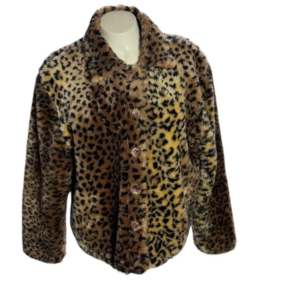 Onque Casual Vintage Leopard Print Faux Fur Jacket Brown Tan Large 4300
